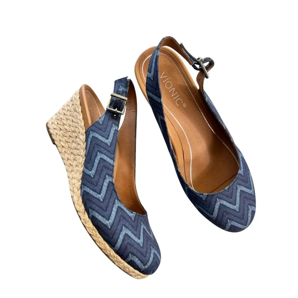 Vionic Coralina‎ Espadrille Blue Chevron Print Slingback Wedge Sandals 9.5 Wide